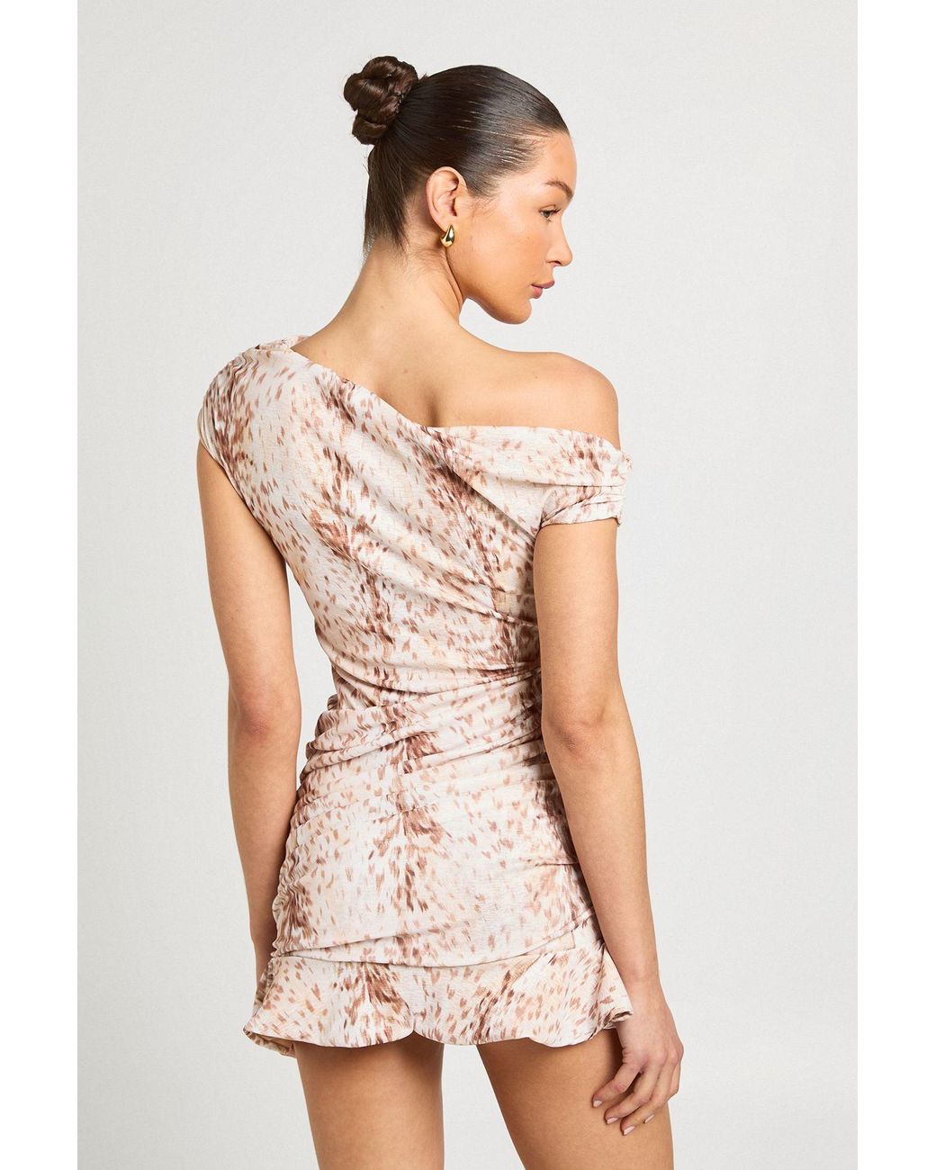 Boohoo Brown Deer Print Asymmetric Ruched Mini Dress