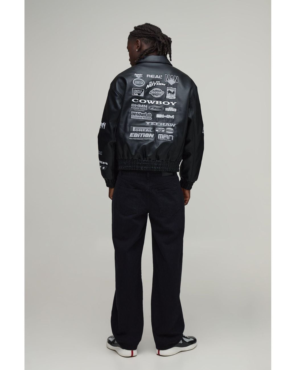 BoohooMAN Black Pu Rodeo Tonal Applique Badge Varsity Bomber Jacket for men