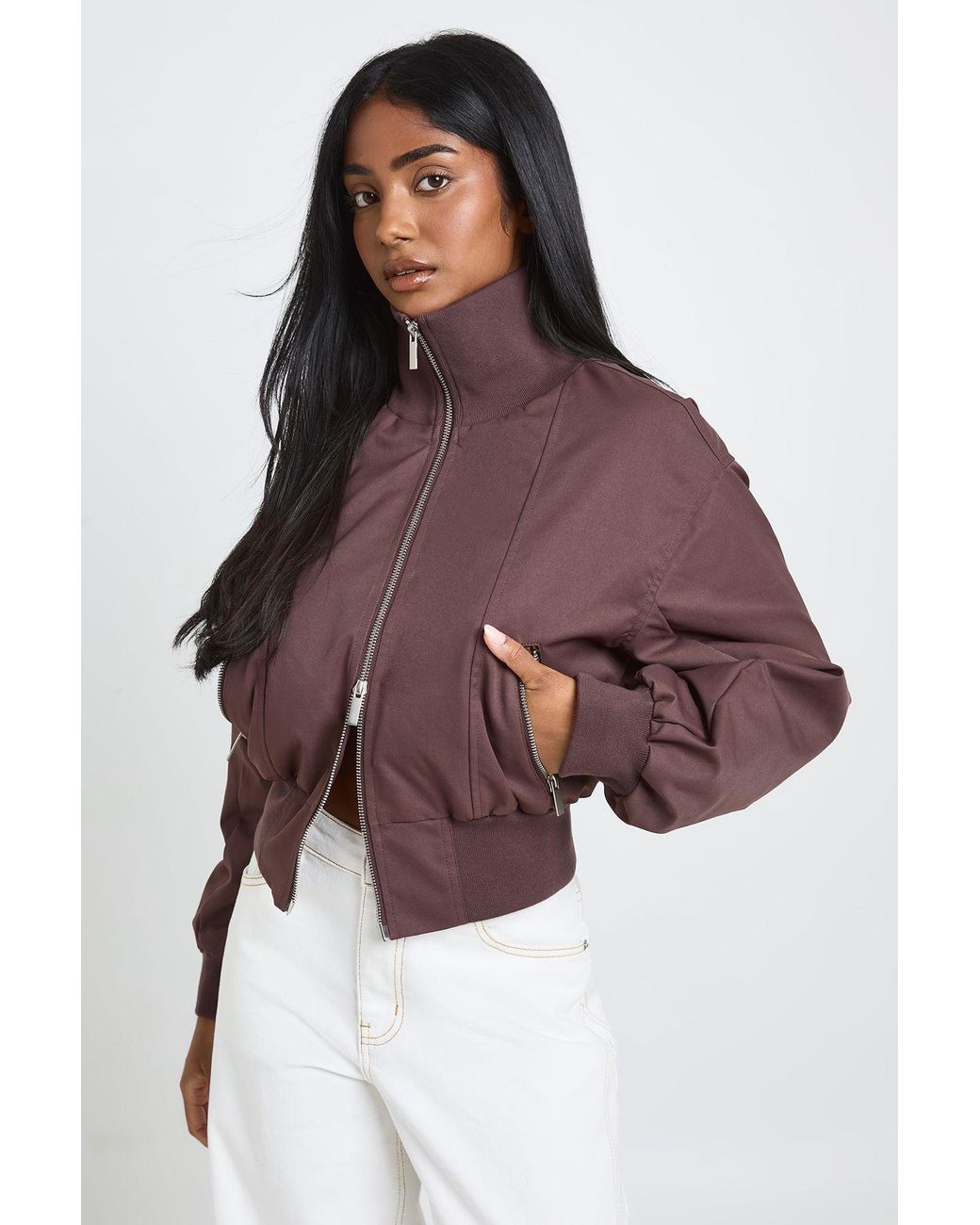 Boohoo Brown Petite Ribbed Funnel Neck Bomber Jacket