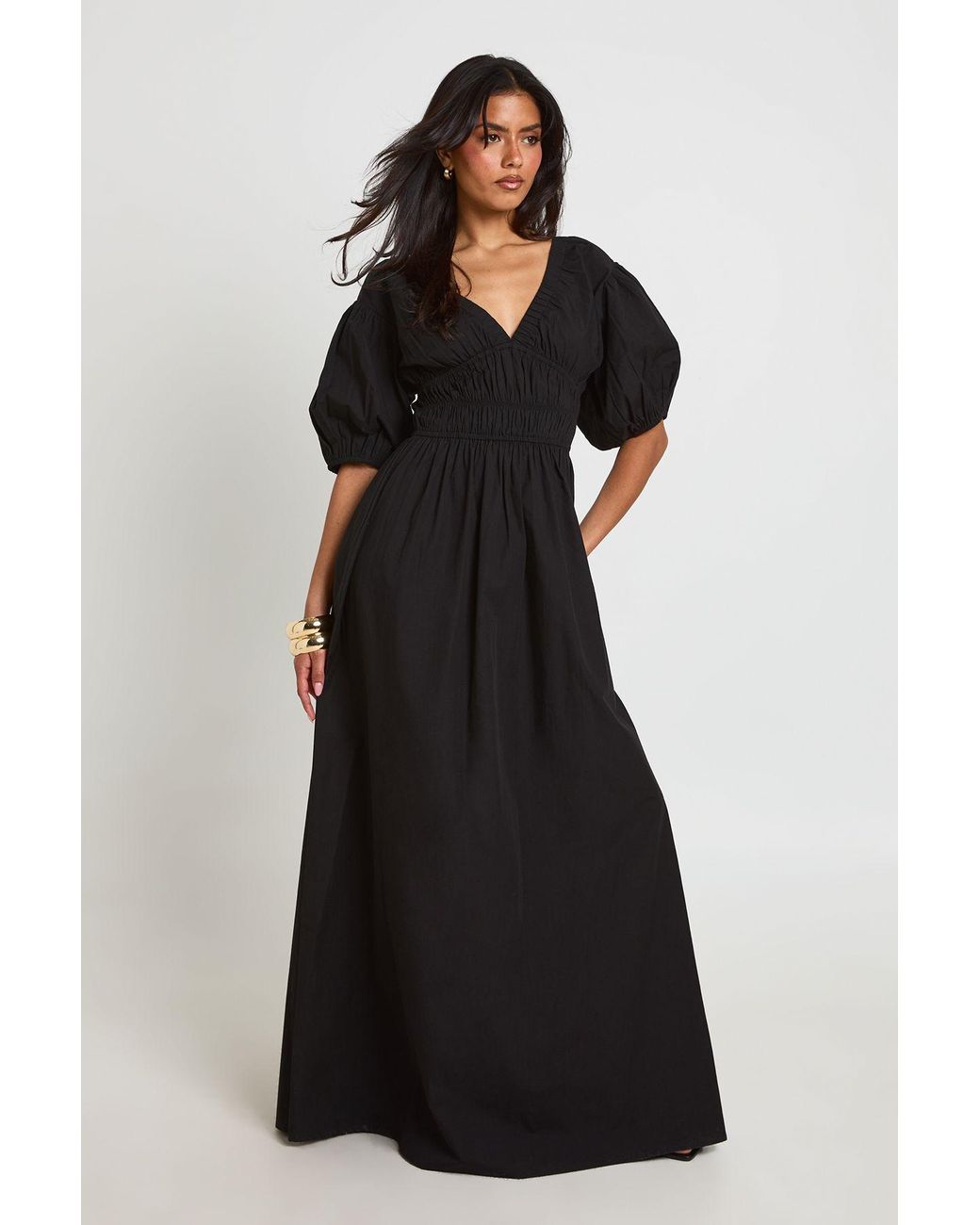 Boohoo Black Cotton Poplin Shirred Bodice V Neck Puff Sleeve Maxi Dress