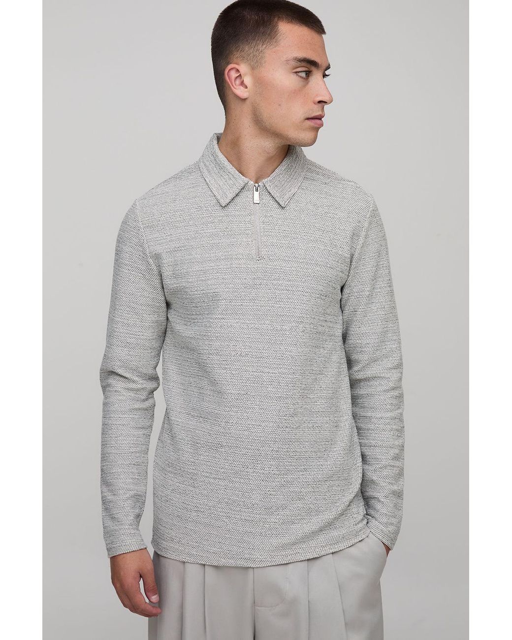 BoohooMAN Gray Slim Fit Heavyweight Pique Zip Neck Long Sleeve Polo for men