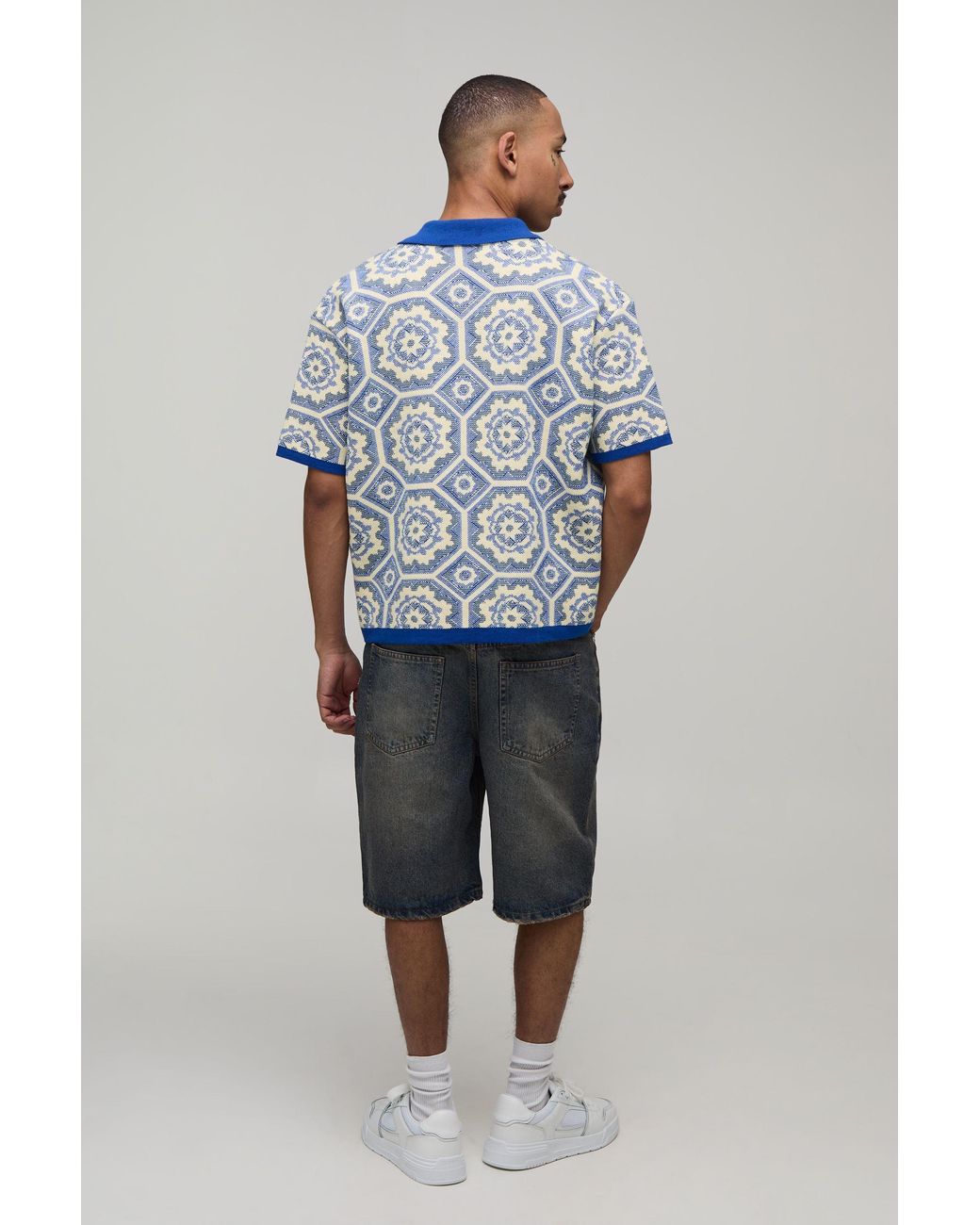 BoohooMAN Blue Oversized Boxy Crochet Cotton Blend Knitted Polo for men