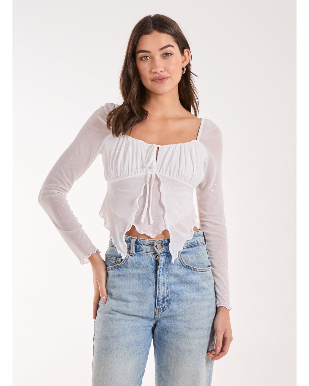 Pink Vanilla White Glitter Long Sleeve Mesh Butterfly Top