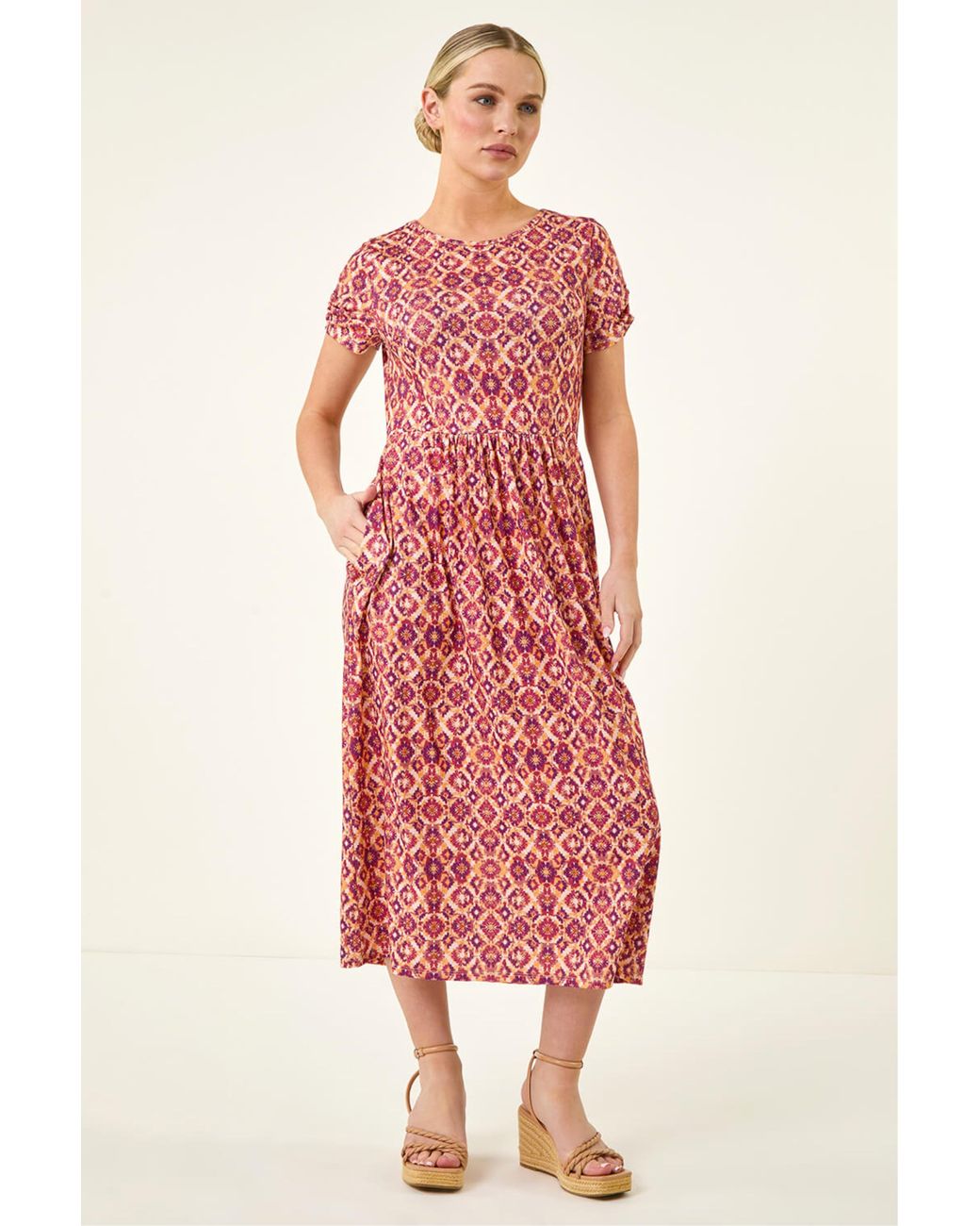 Roman Petite Abstract Gathered Waist Dress