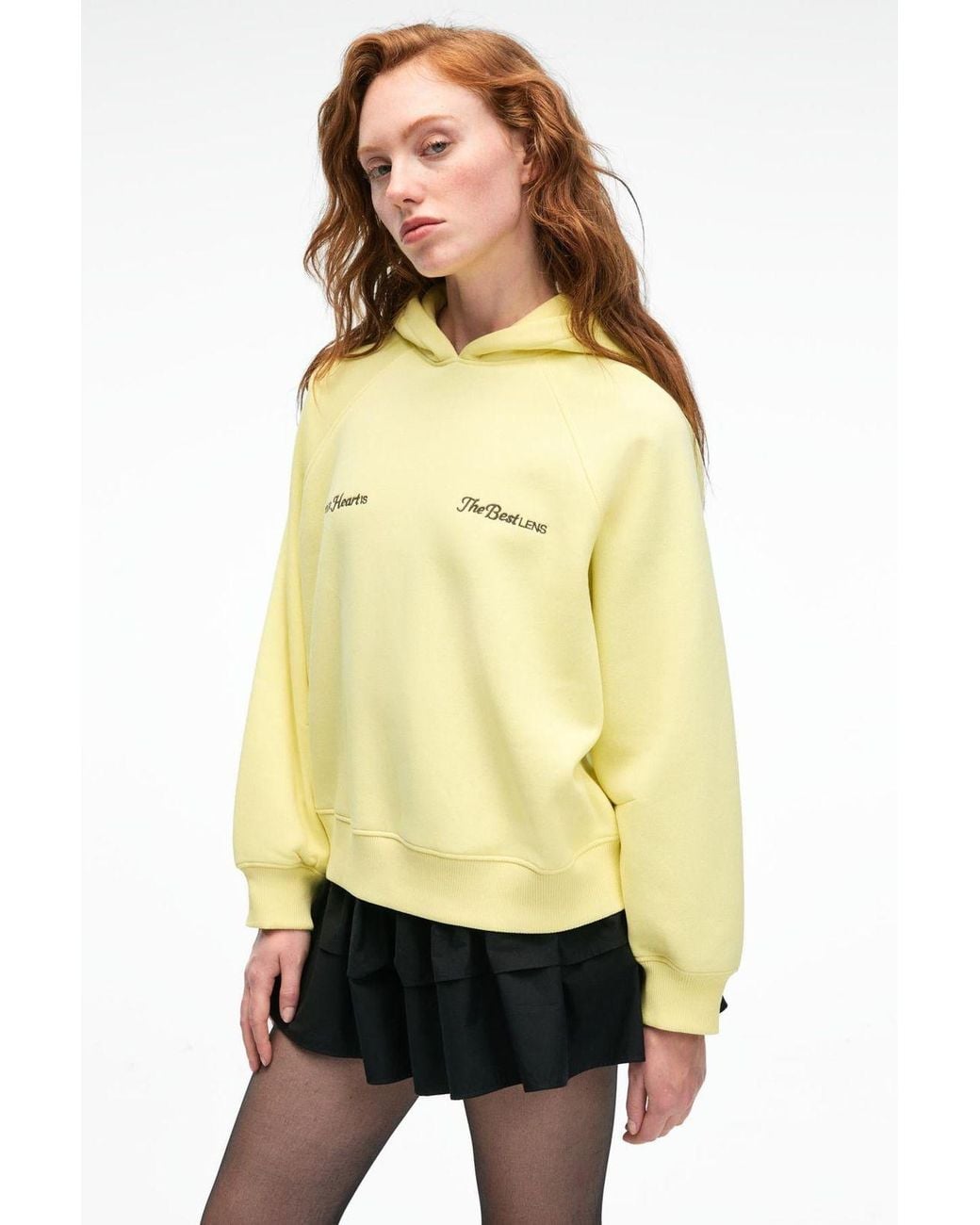 Grimelange Yellow Oversized Hooded Printed Sweatshirt
