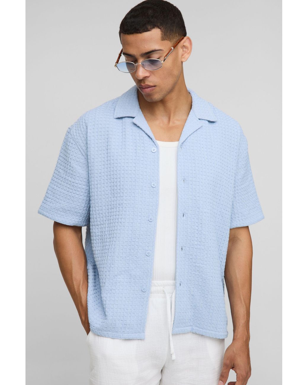 BoohooMAN White Oversized Jumbo Waffle Revere Shirt for men