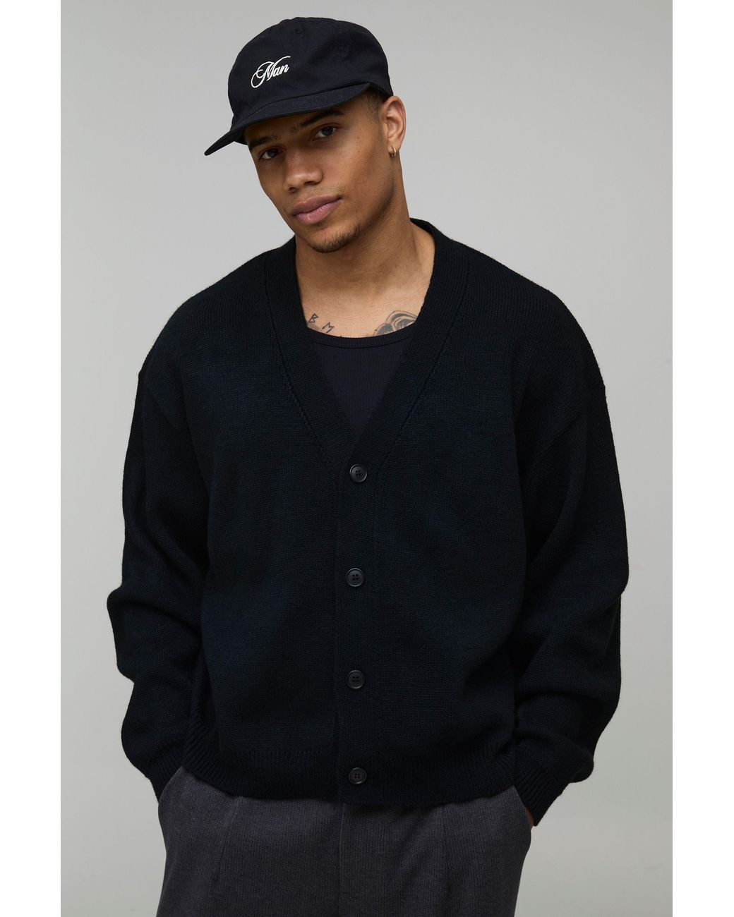 BoohooMAN Black Basic Oversized Boxy Soft Touch Knitted Cardigan for men