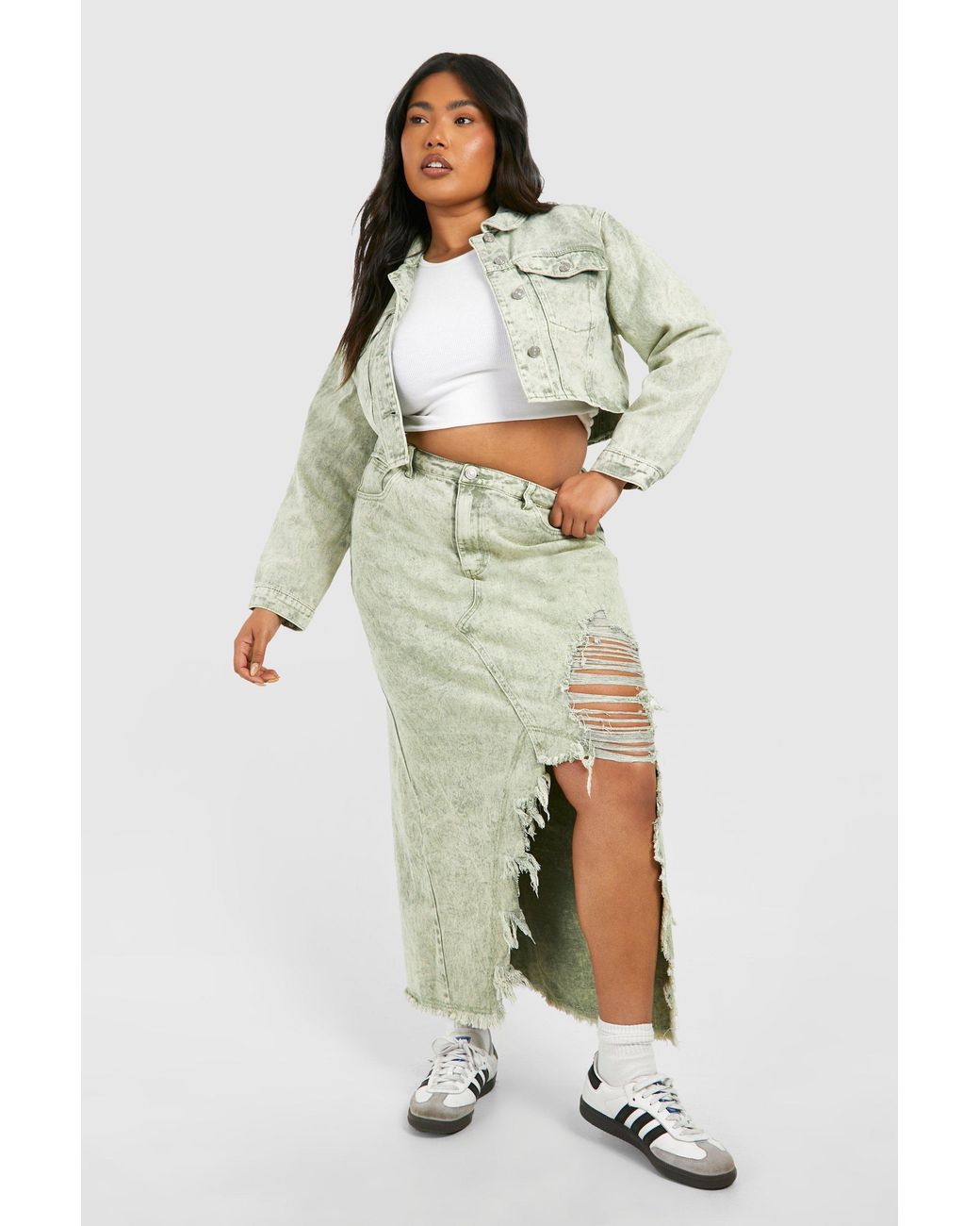 Boohoo Green Plus Washed Acid Wash Distressed Denim Maxi Skirt Cotton