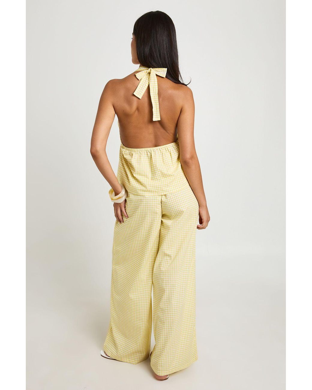 Boohoo Natural Gingham Seam Detail Halterneck Top & Wide Leg Trouser Co-Ord