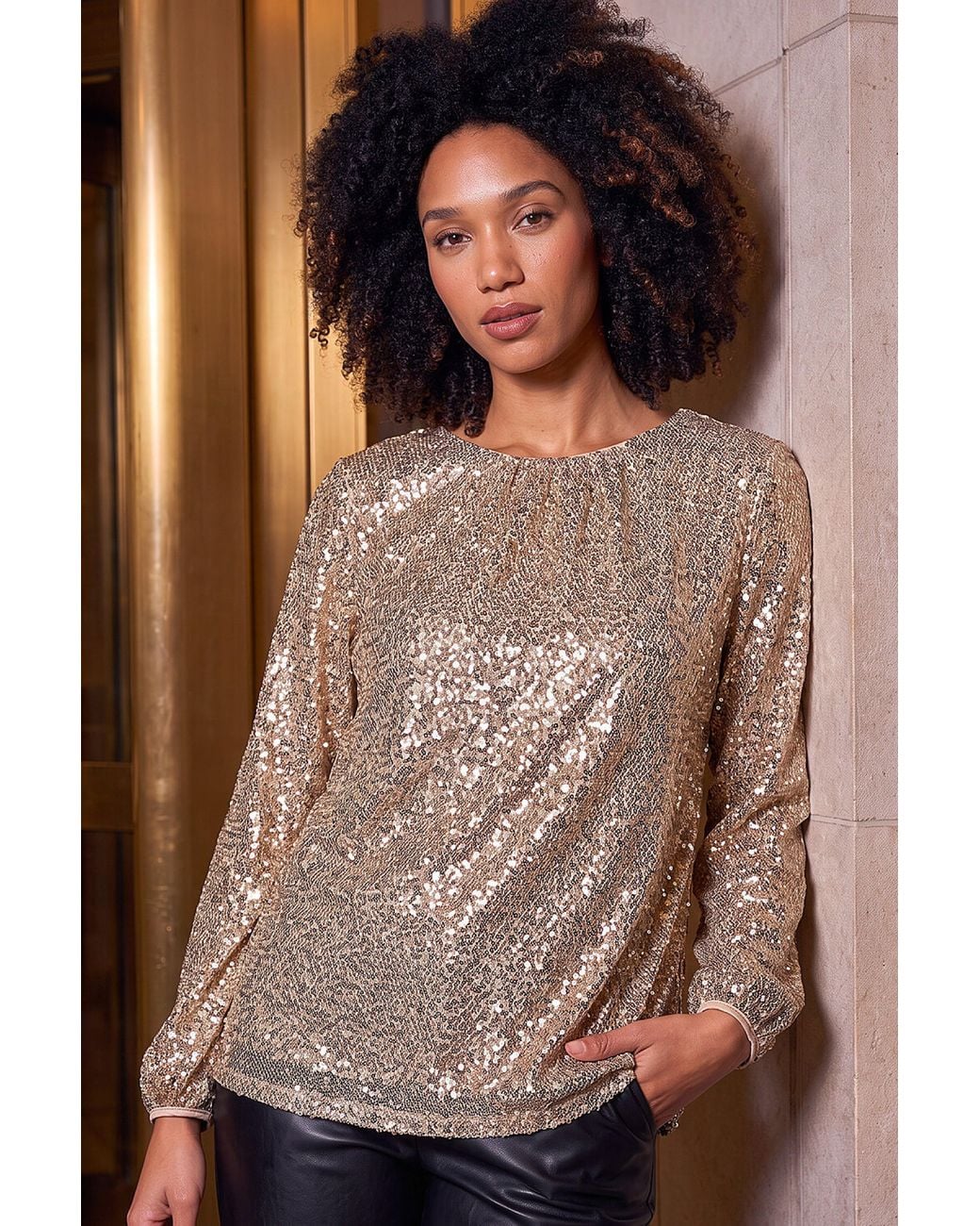Roman Brown Sequin Satin Bow Back Top