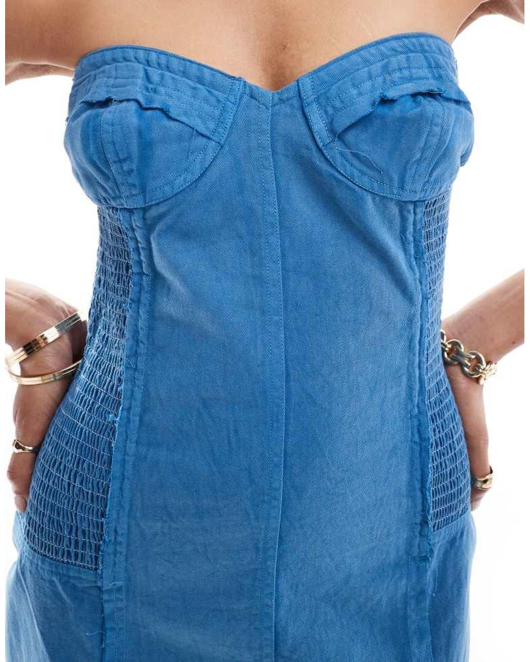 ASOS Blue Mini Twill Bandeau Dress With Contrast Stitch Detail