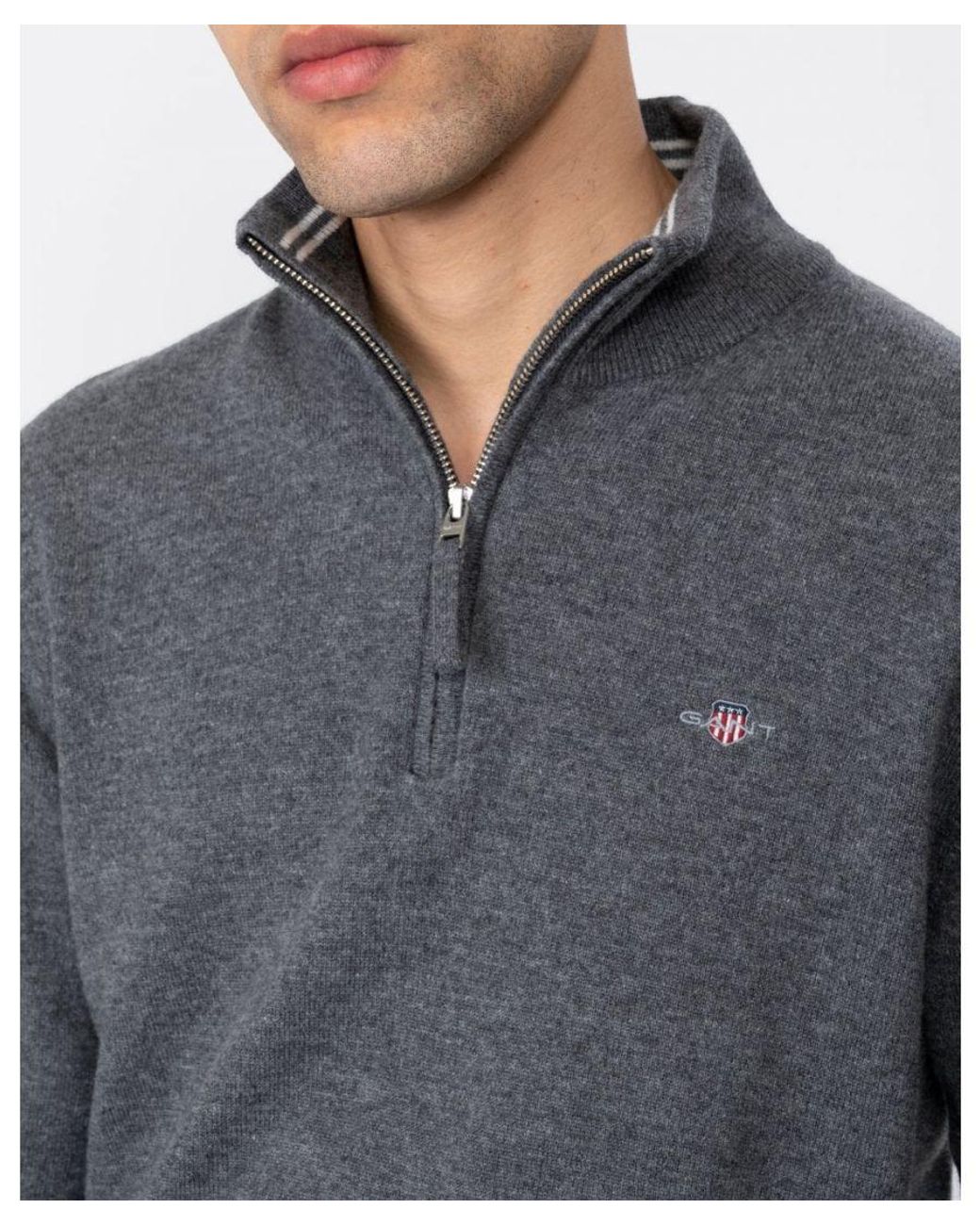 Gant Gray Superfine Lambswool Half Zip Cardigan for men