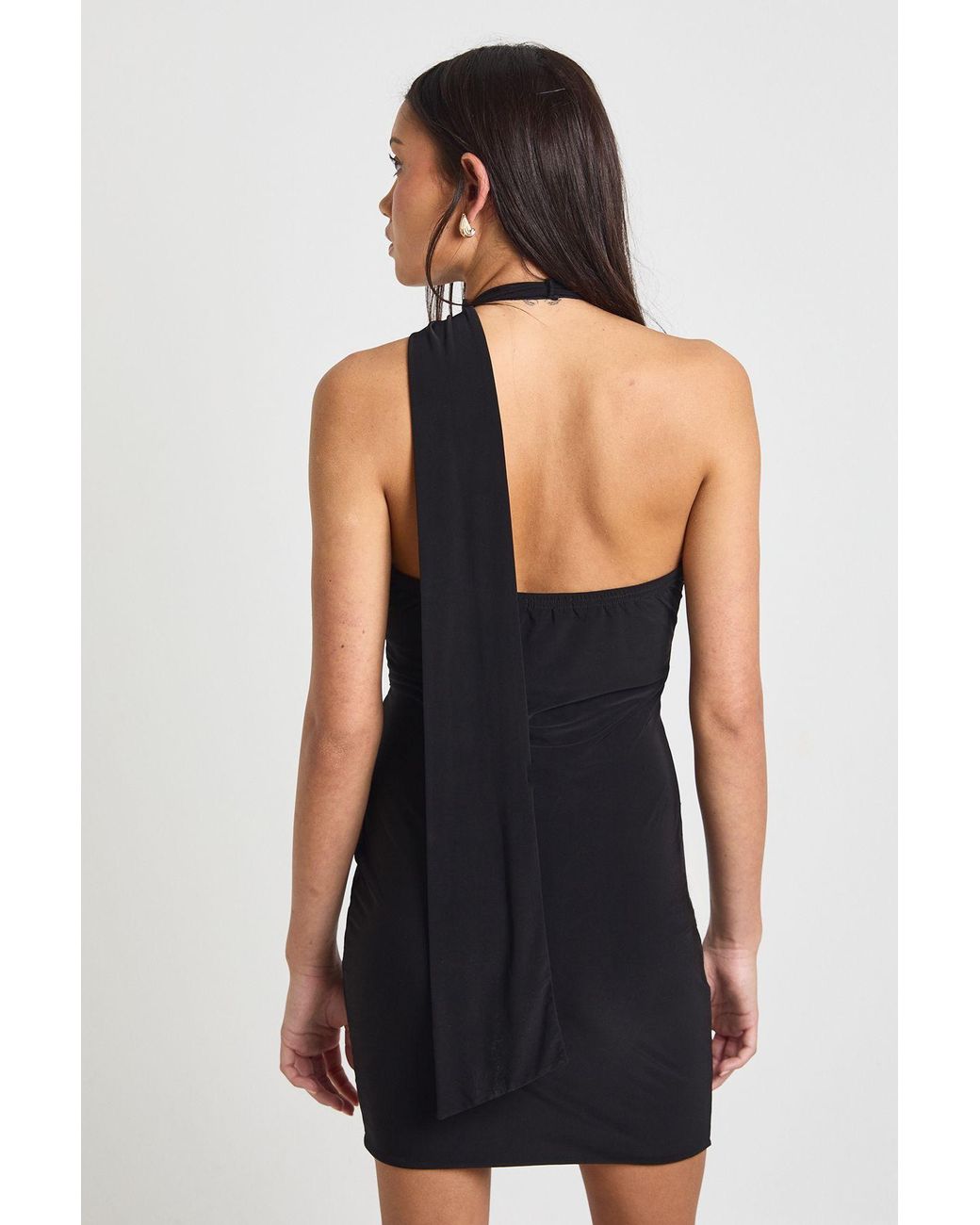 Boohoo Black Slinky Halterneck Lace Trim Dress With Scarf Detail