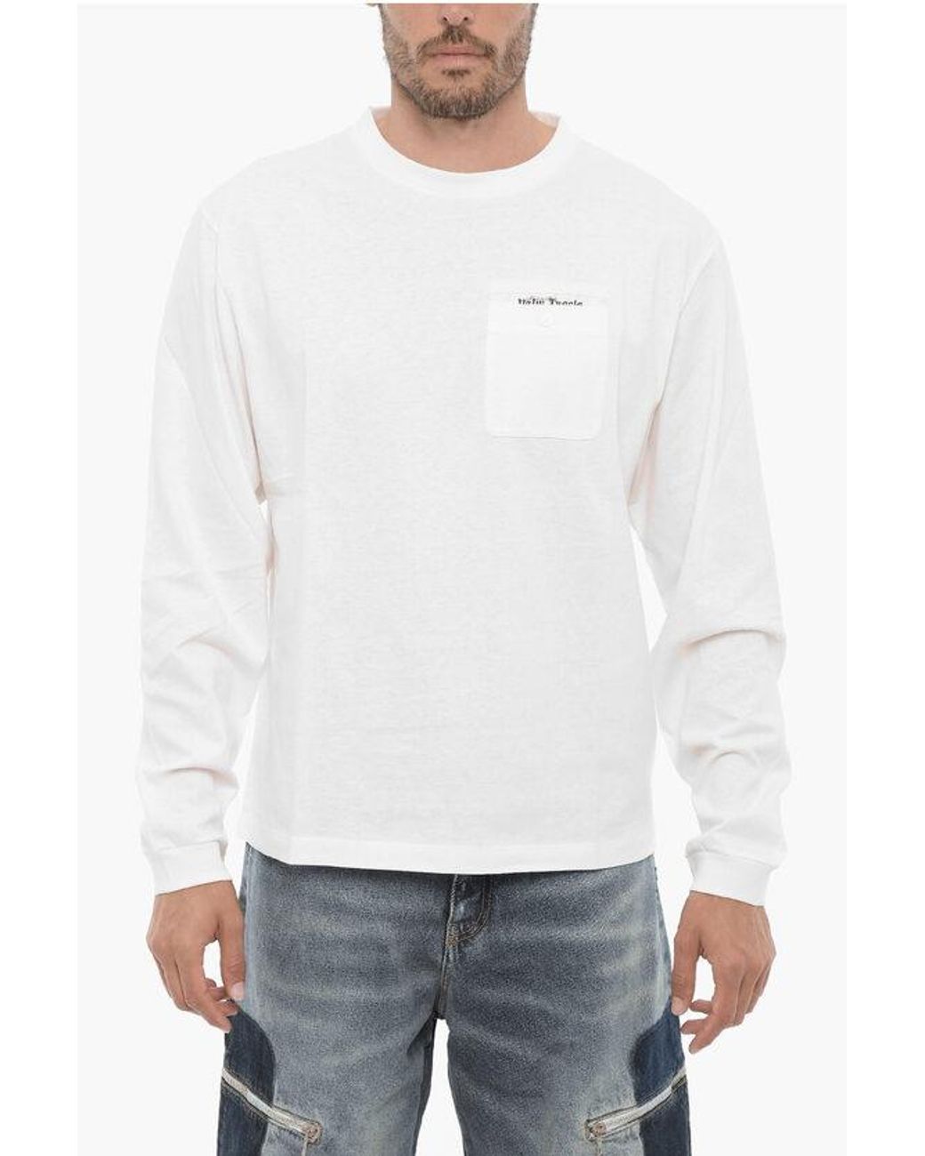 Palm Angels White Long-Sleeve Crewneck T-Shirt With Pocket for men