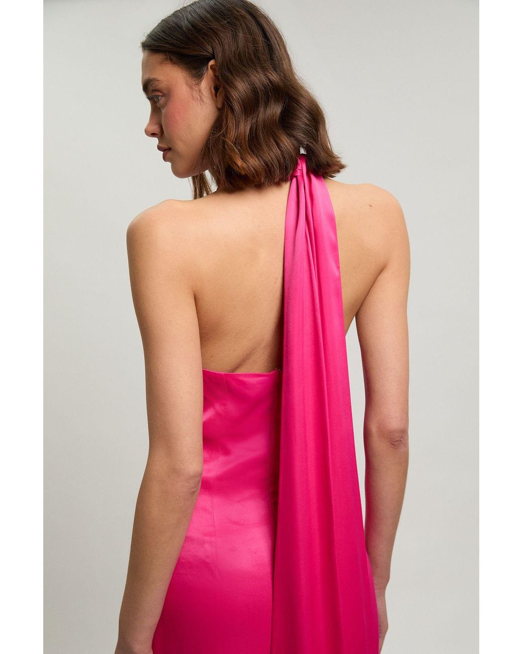 Karen Millen Red Ruffle Detail Satin Viscose Halterneck Maxi Dress