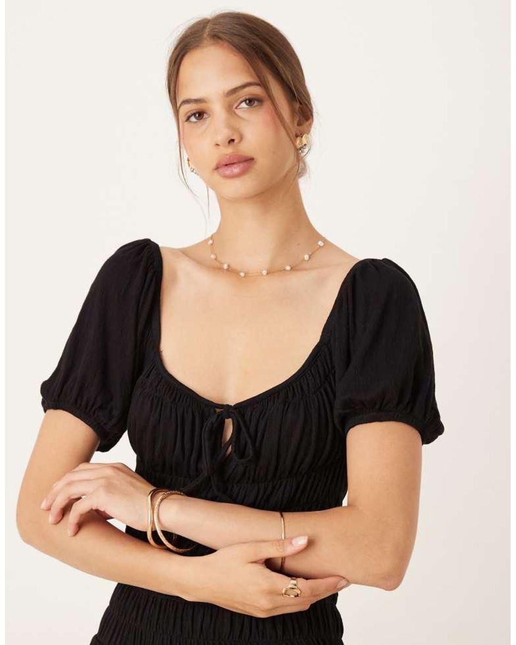 ASOS Black Crinkle Shirred Waist Milkmaid Puff Sleeve Midi Tea Dress