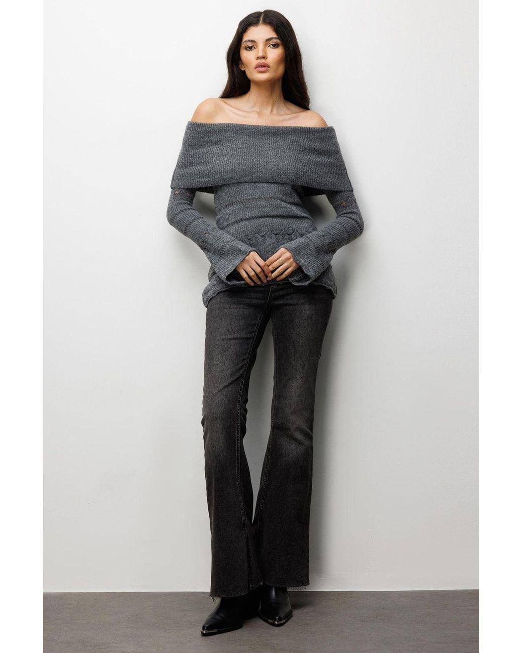 MixRay Gray Off Shoulder Textured Ribbed Sweater With Cut Out Details