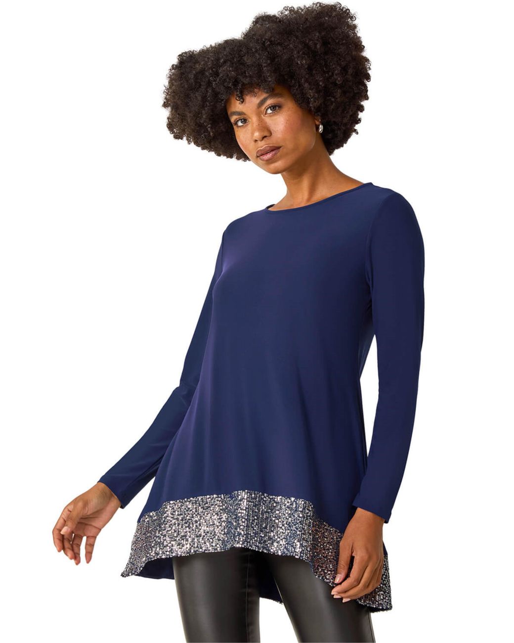 Roman Blue Sequin Hem Tunic Stretch Top