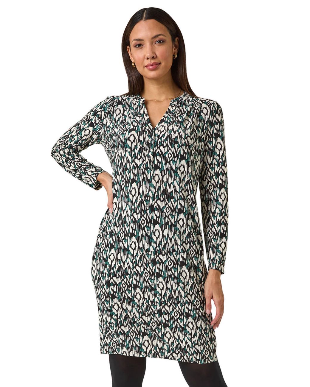 Roman Blue Aztec Print V-Neck Shift Stretch Dress