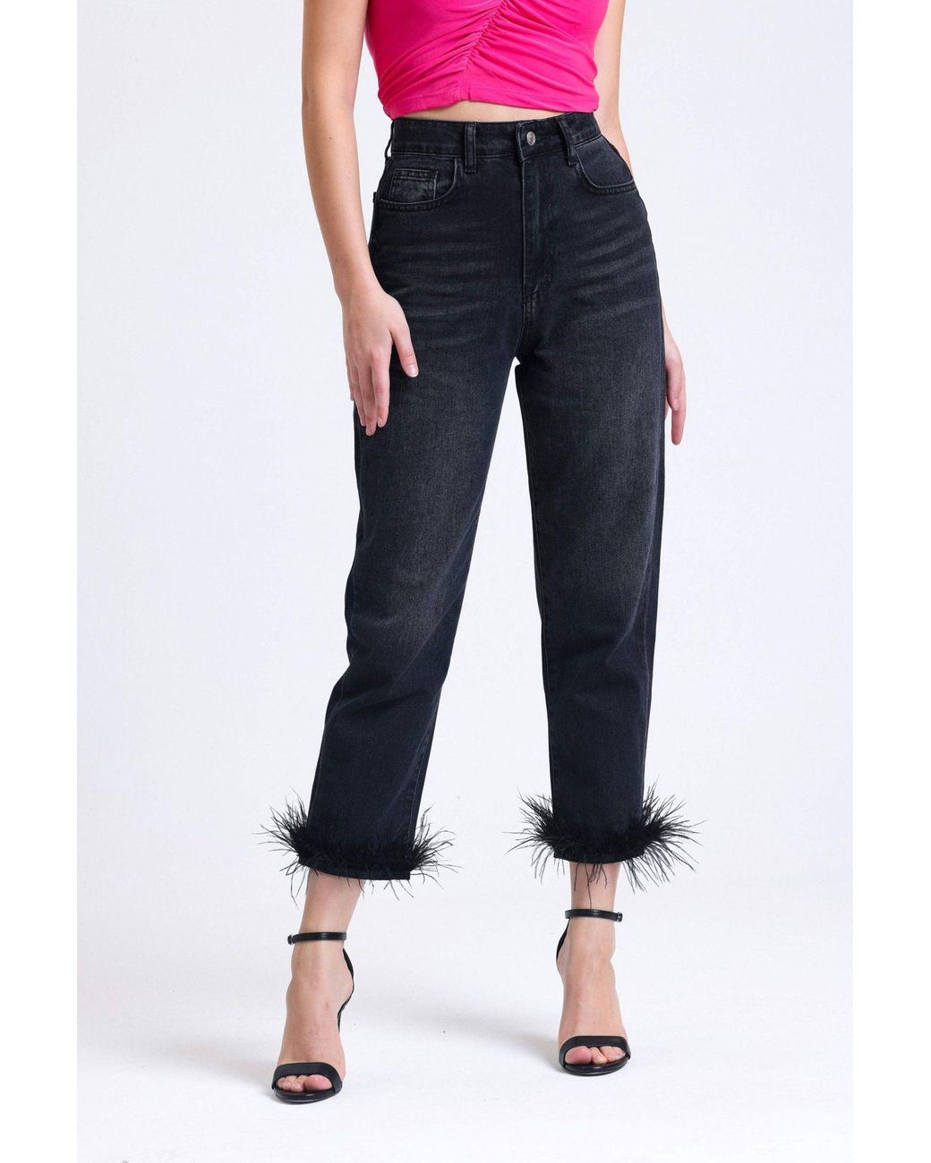 Hiccup Blue High Waist Mom-Fit Jeans With A Fur Hem