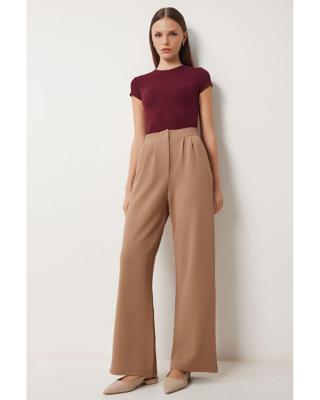 Happiness İstanbul Red High Waist Pleated Wide Leg Pants