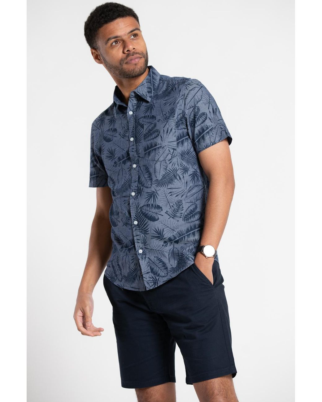 Tokyo Laundry Blue Printed Chambray Short-Sleeve Shirt for men