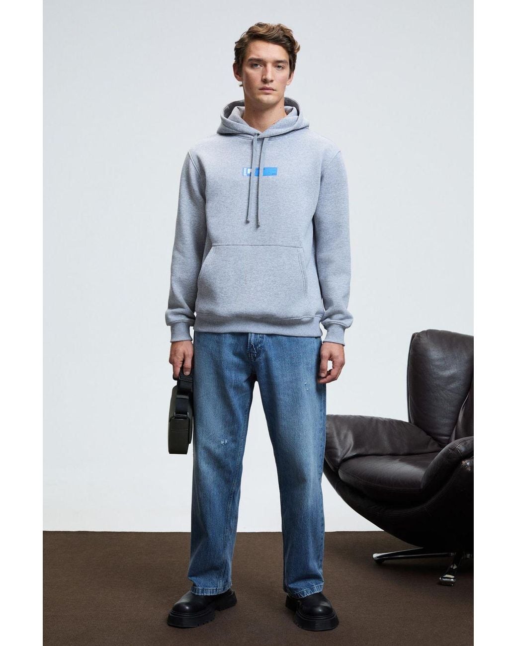 Grimelange Blue Embroidered Hooded Regular Sweatshirt for men
