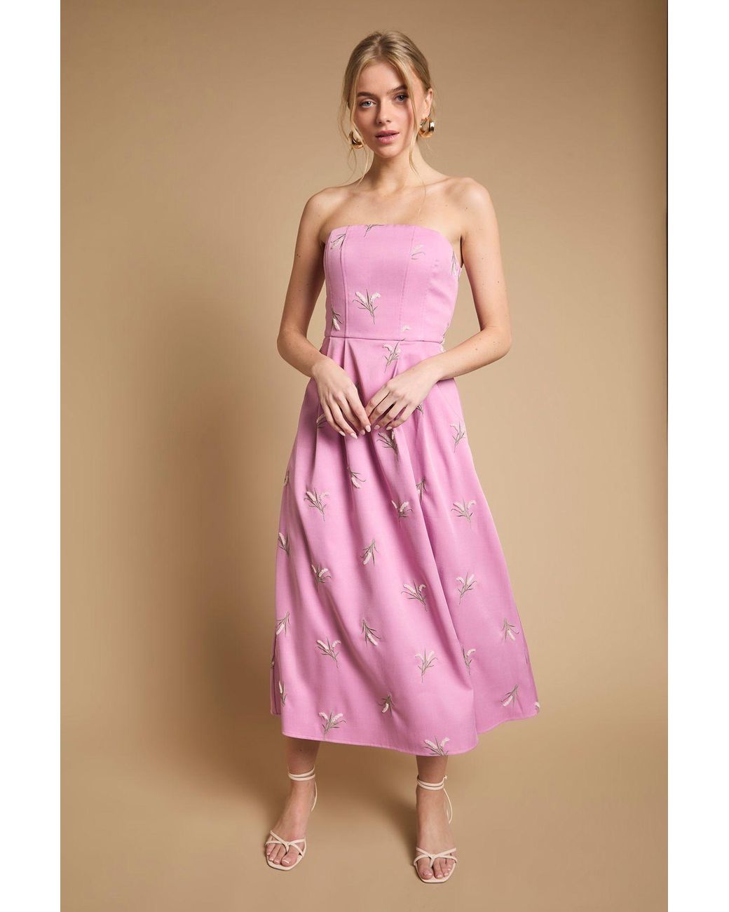 Oasis Pink Embroidered Strapless Sweetheart Midi Dress