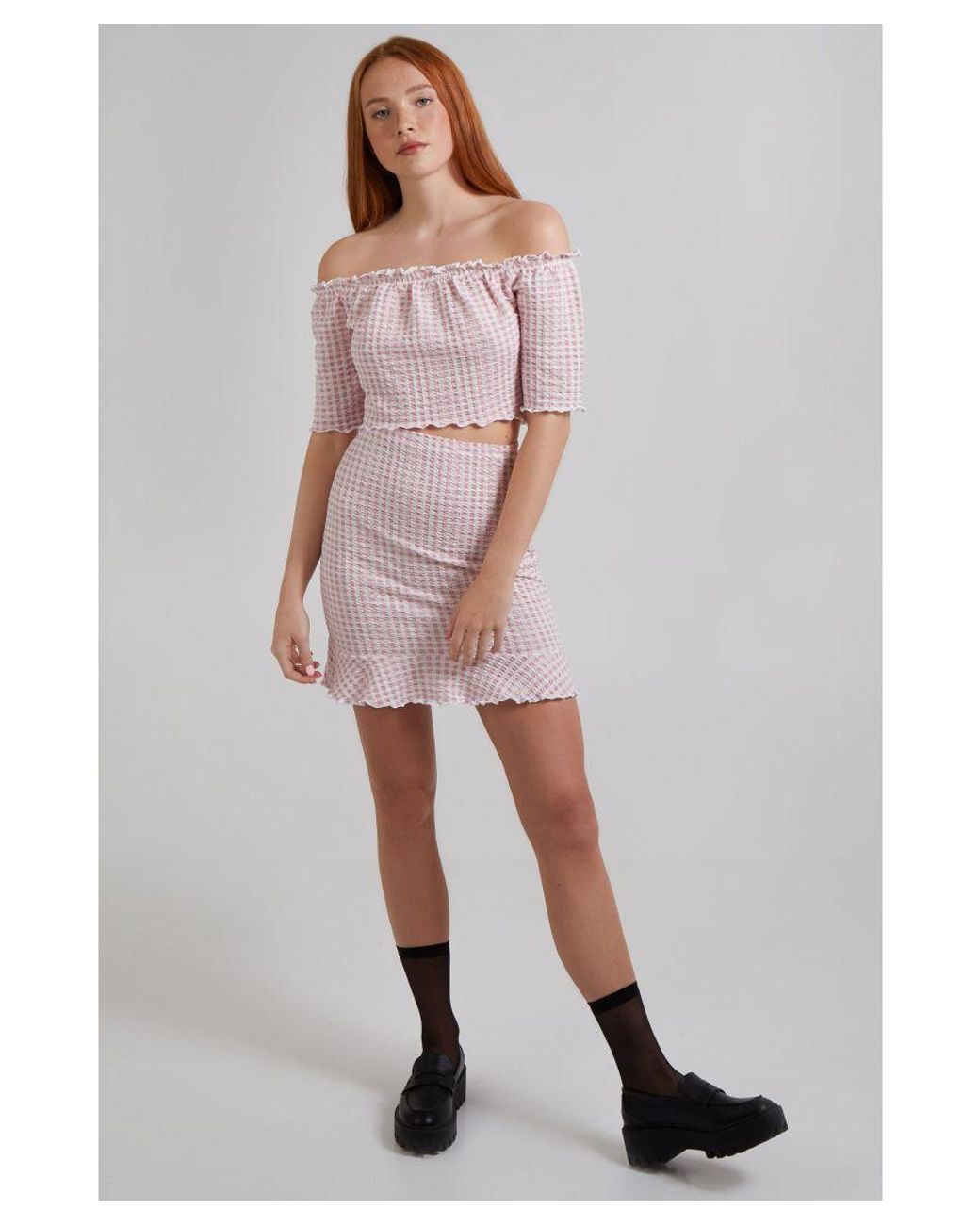 Pink Vanilla Pink Frill Detail Gingham Bardot Top