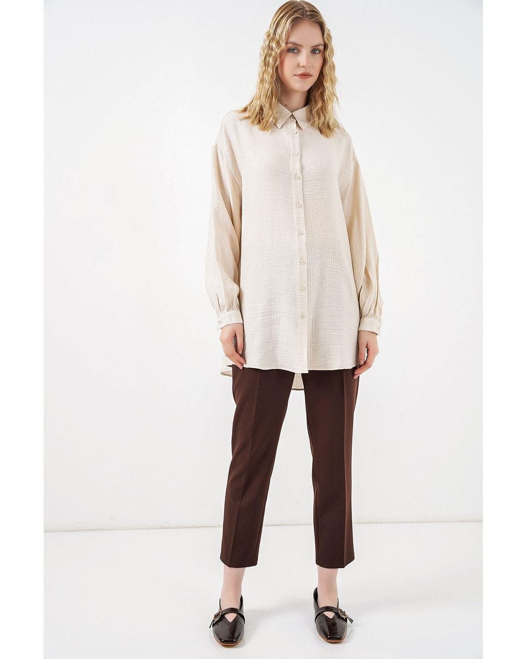 Bigdart Natural Oversized Textured Long Blouse With Shirt Collar