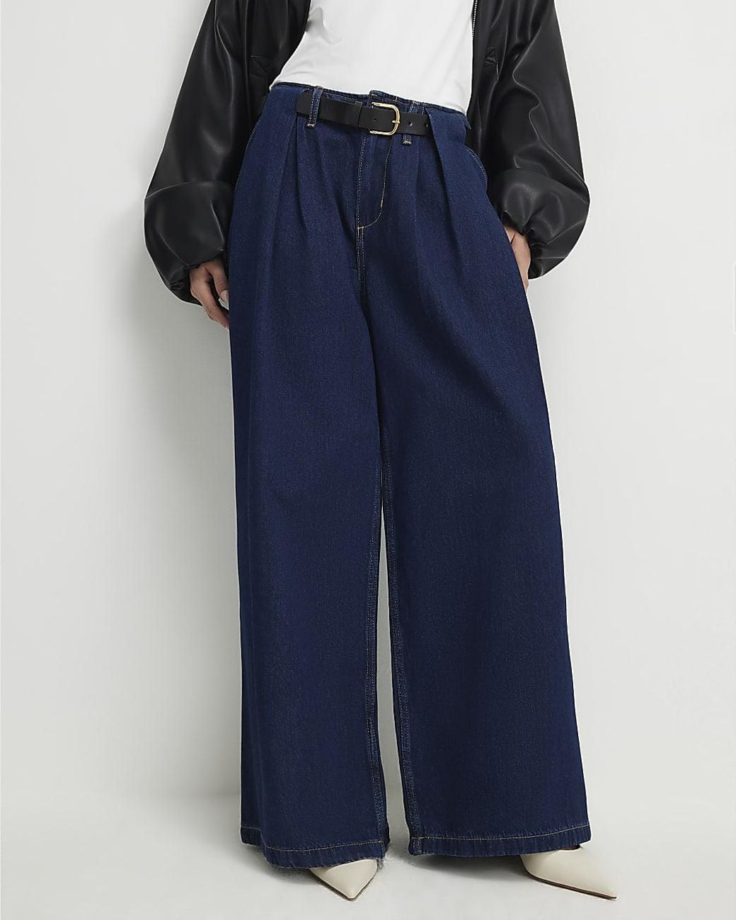 River Island Blue Wide Leg Jeans Petite Belted Pleated Cotton