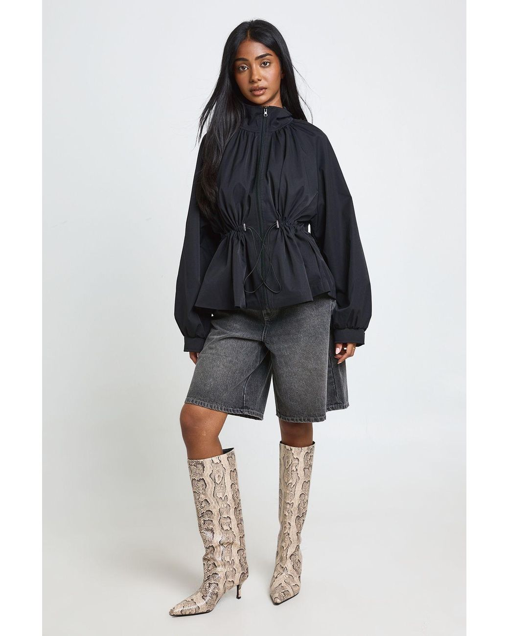 Boohoo Blue Funnel Neck Cinched Waist Jacket