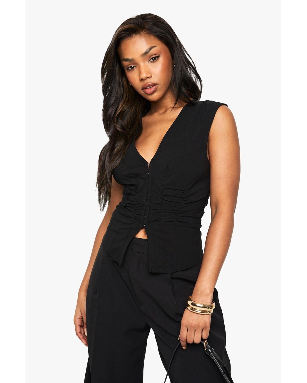 Boohoo Black Bengaline Ruched Sleeveless Hook & Eye Top