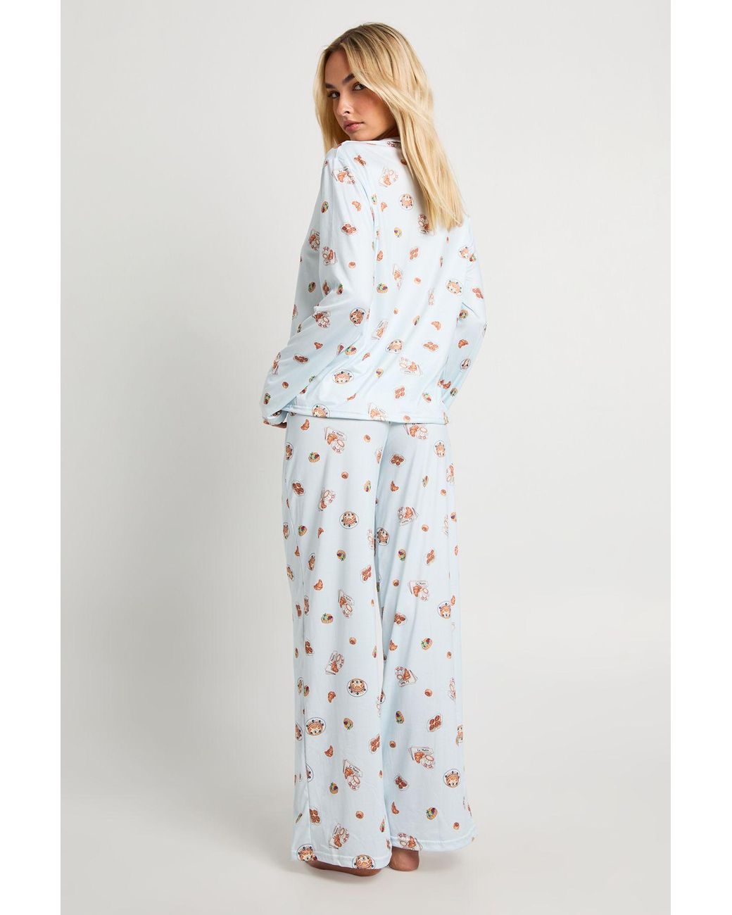 Boohoo White Breakfast Print Long Sleeve Shirt And Trouser Pyjama Set