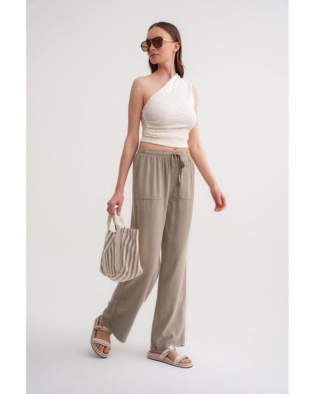 MixRay Natural Mid Waist Straight Leg Cotton Pants With Tie Closure