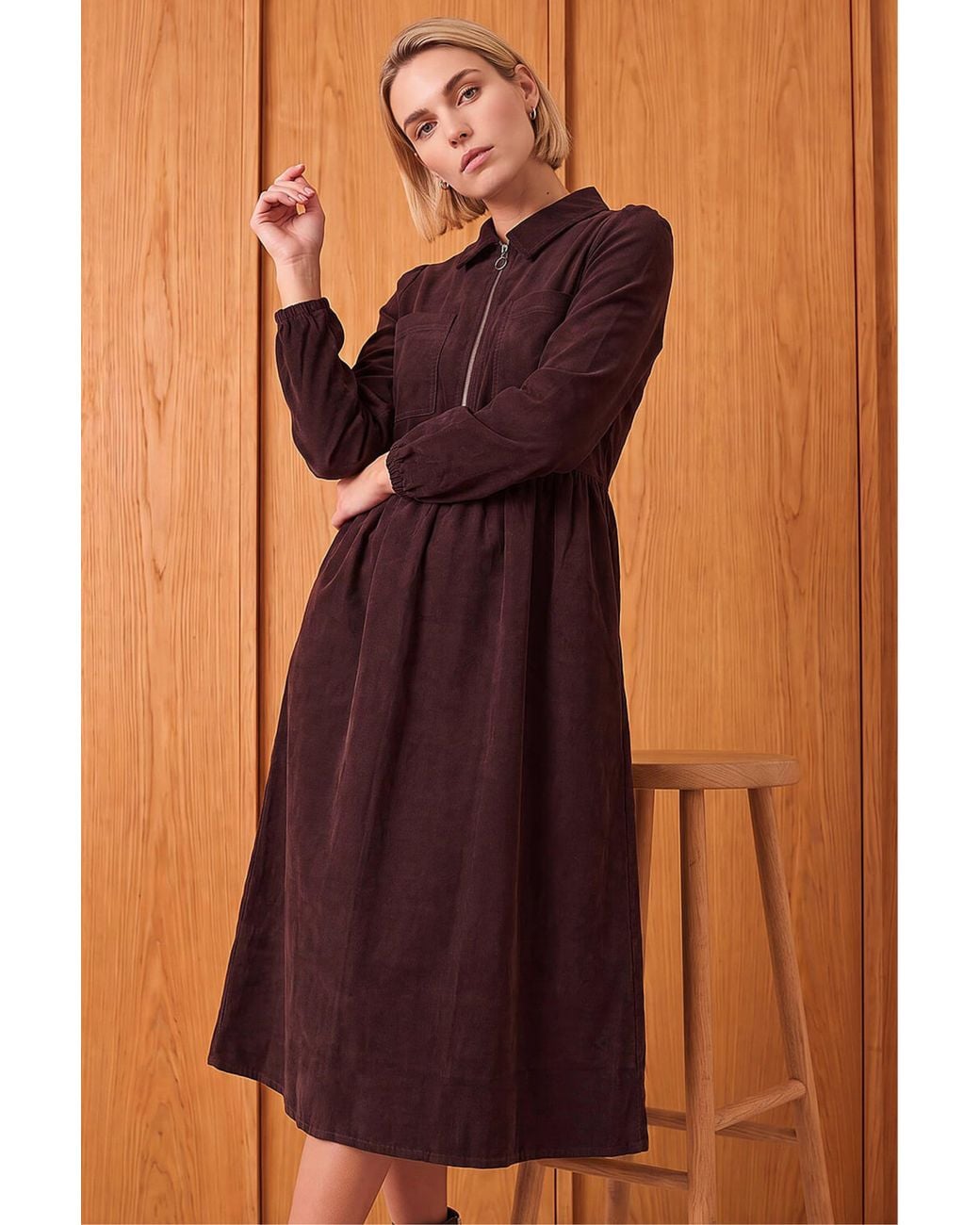 Roman Brown Corduroy Zip Detail Midi Dress