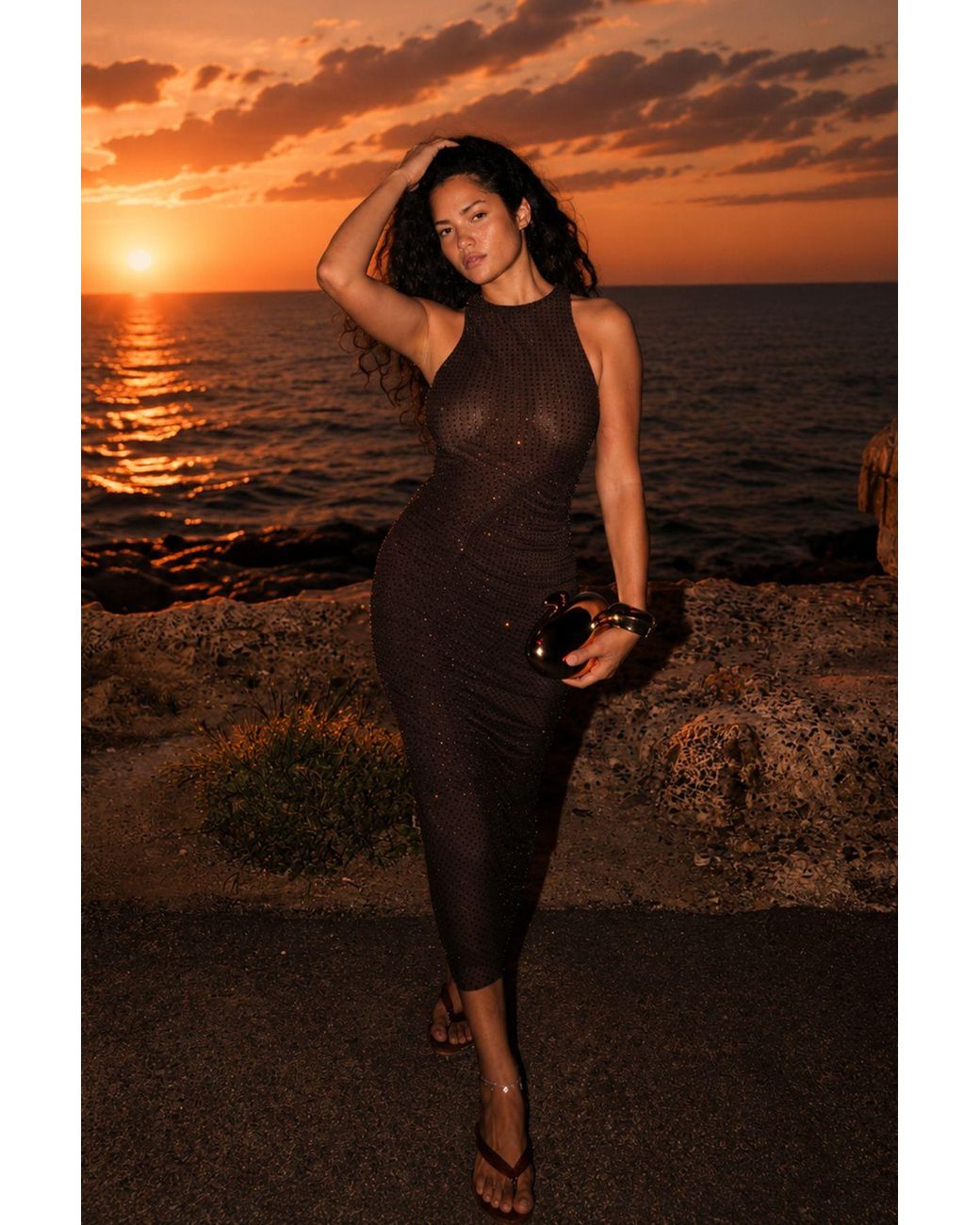 Boohoo Black Premium Hotfix Ruched Front Midaxi Dress