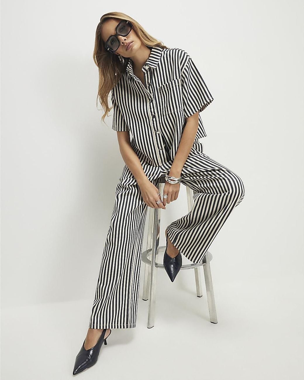 River Island White Wide Leg Jeans Striped Drawstring Cotton