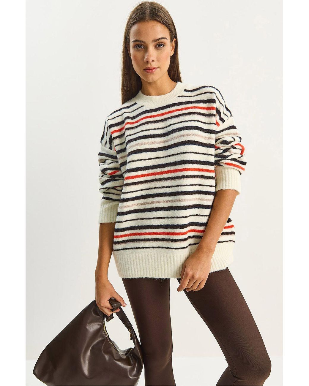 Bianco Lucci Natural Oversized Striped Knit Sweater