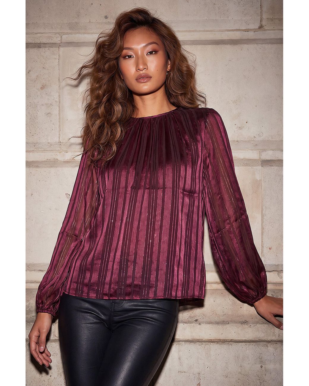 Roman Red Satin Stripe Pleated Top