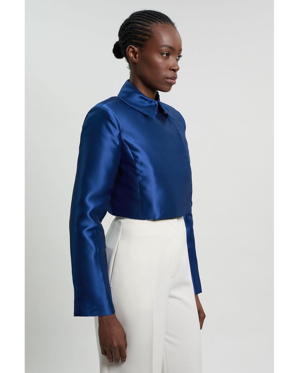 Karen Millen Blue Petite Forever Satin Twill Cropped Wrap Tailored Jacket