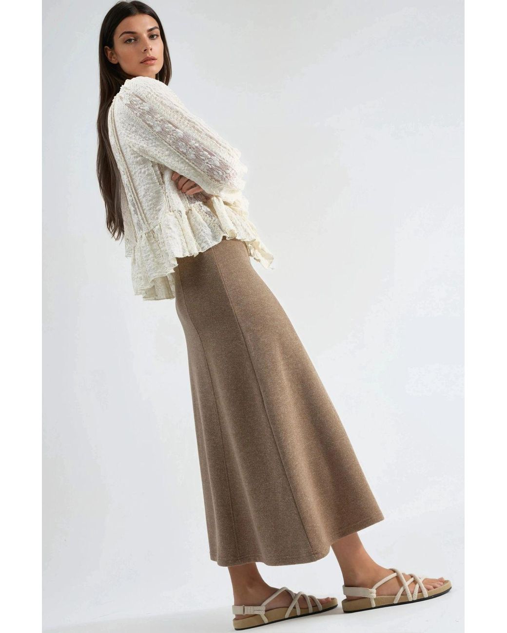 Busem Brown Soft Textured A-Line Midi Skirt