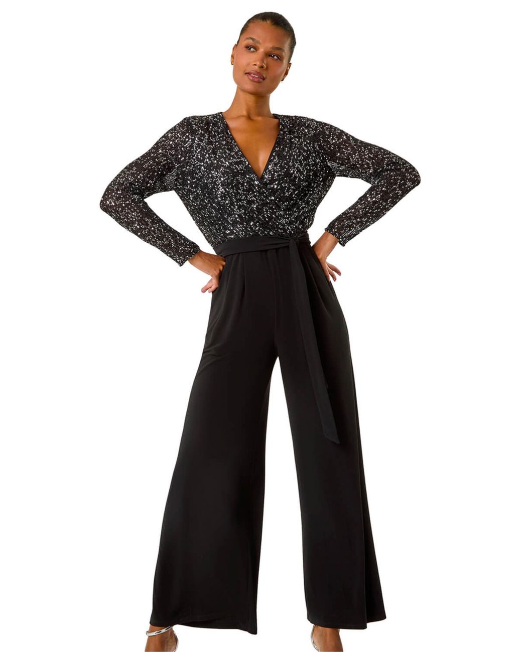Roman Black Sequin Wrap V-Neck Stretch Jumpsuit