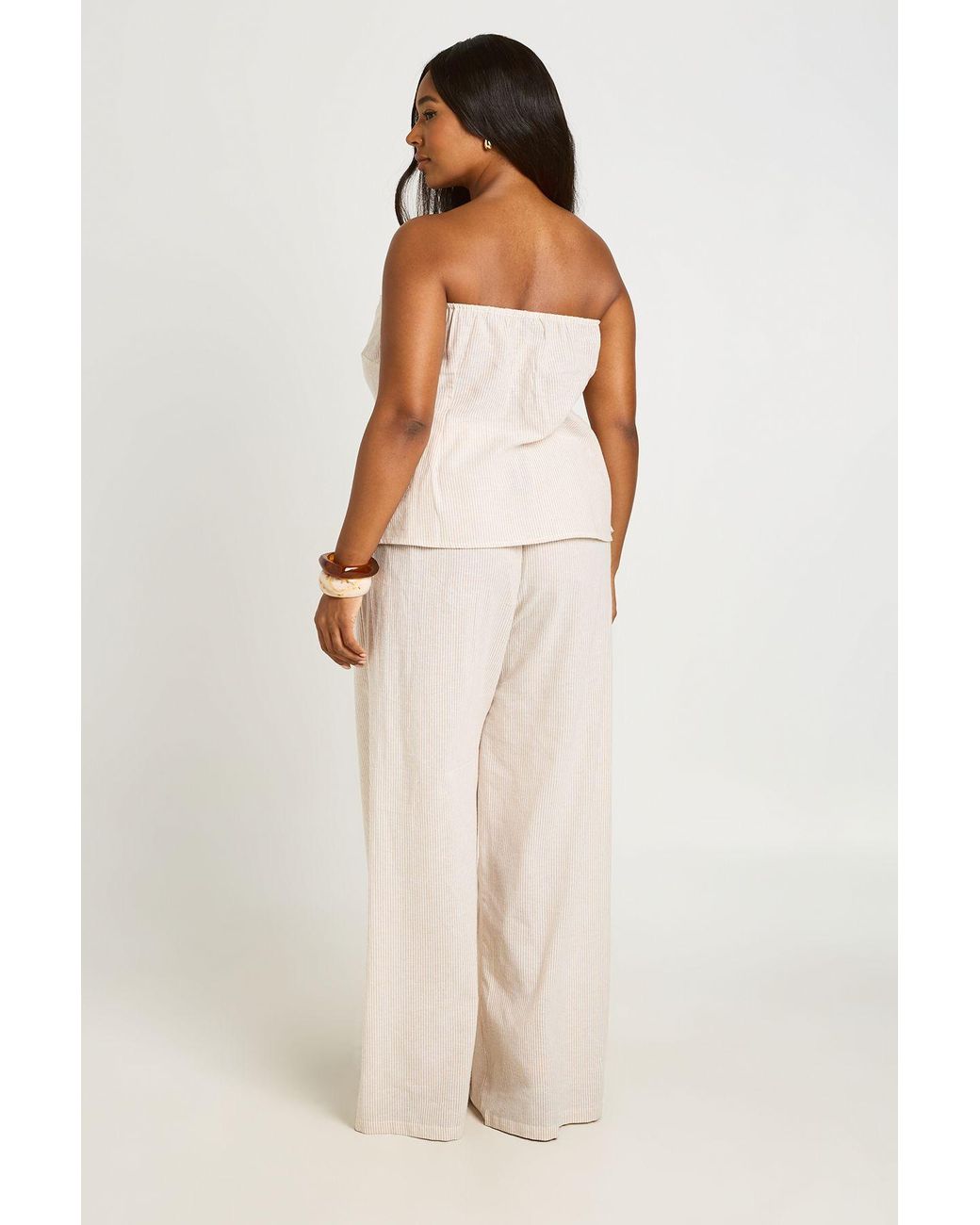 Boohoo Natural Plus Stripe Linen Look Bandeau Longline Top And Extreme Wide Leg Trouser Co Ord