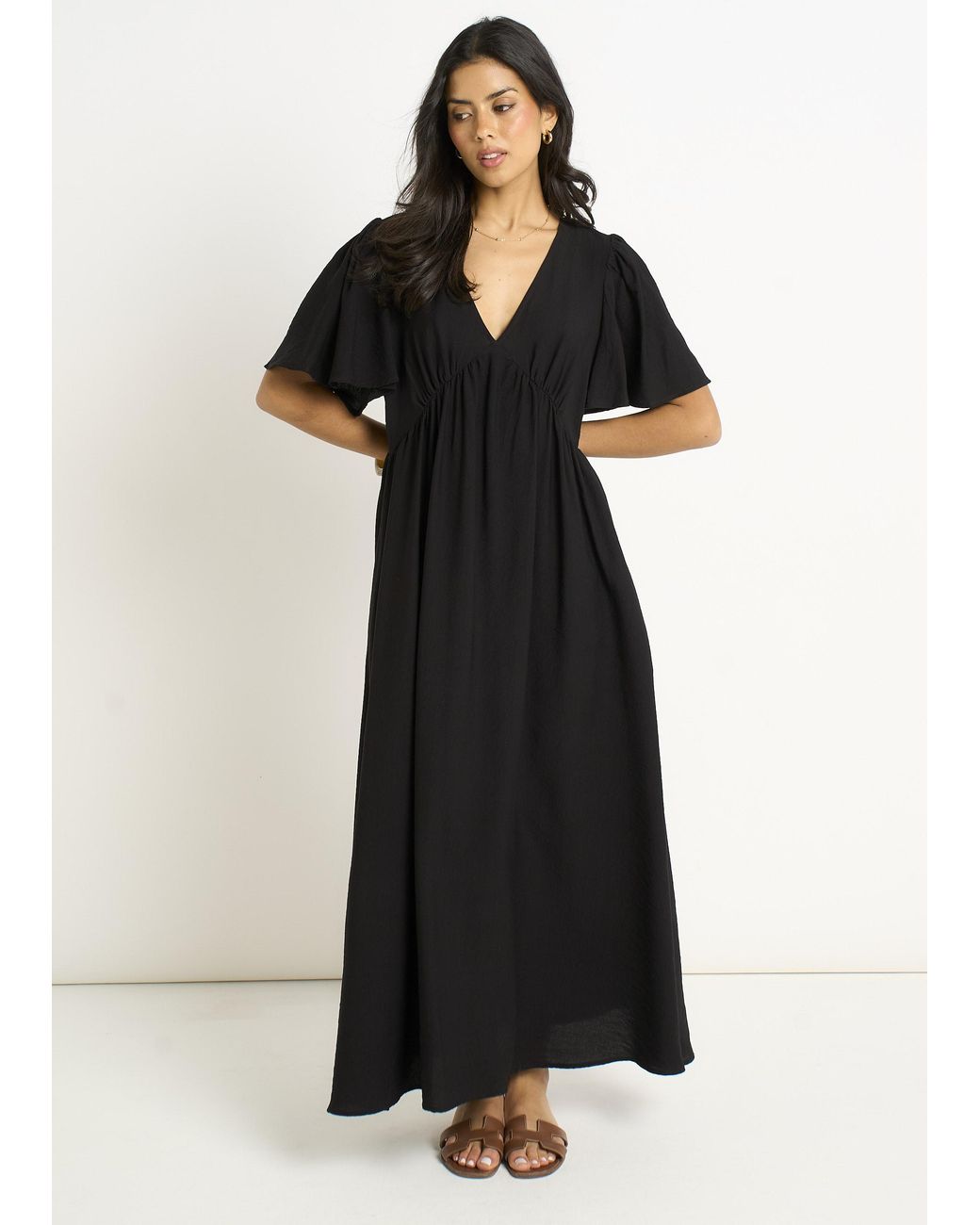 Gini London Black V Neck Angle Sleeves Skater Maxi Dress