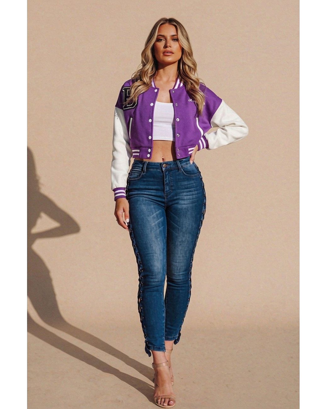 Femme Luxe Blue Varsity Slogan Contrast Sleeve Bomber