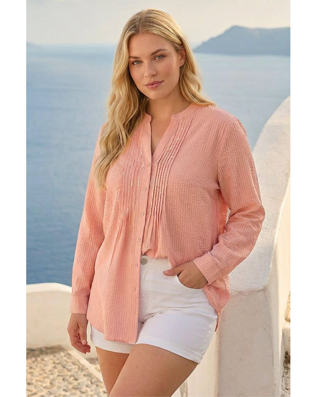 Roman Pink Curve Pintuck Sequin Blouse