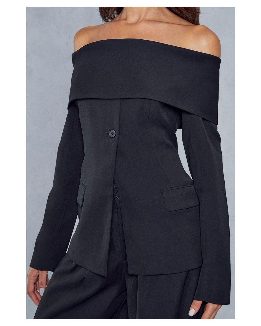 MissPap Blue Tailored Bardot Fitted Blazer Top