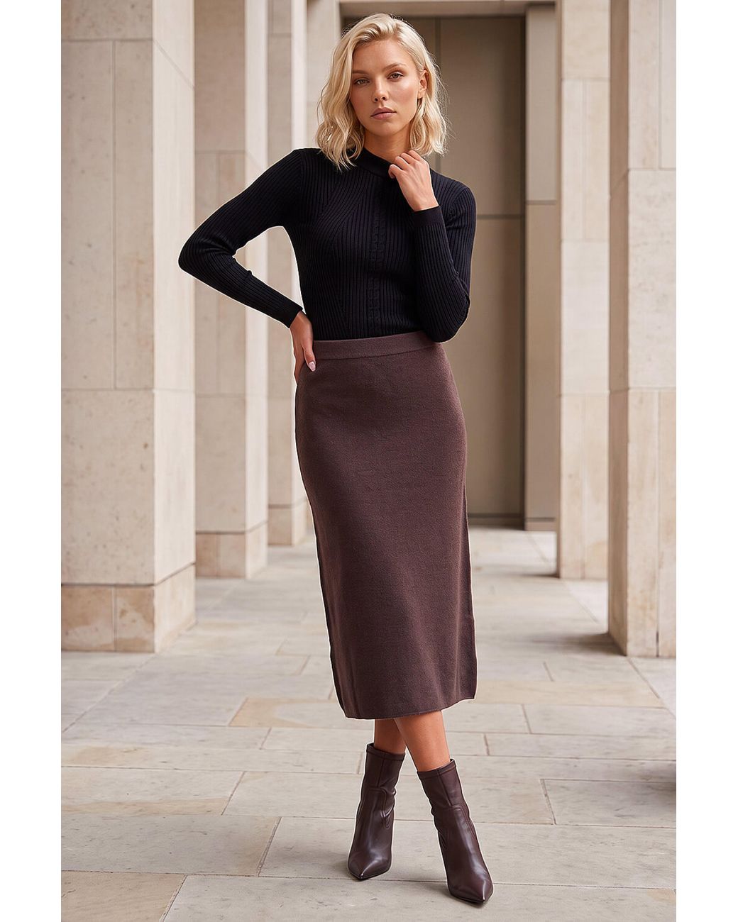 Roman Brown Petite Knit A-Line Skirt