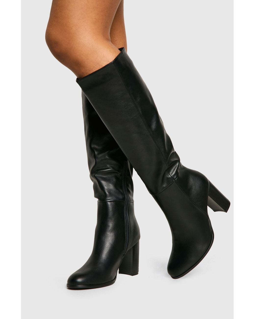 Boohoo Black Textured Patent Block Heel Knee High Boots